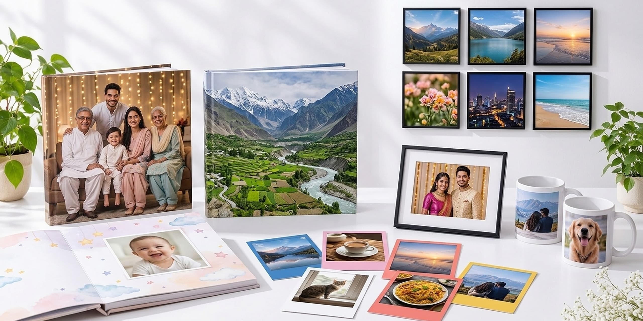Whim-Wham photo albums, polaroid prints, framed photos, photo tiles and photo mugs arranged on a table