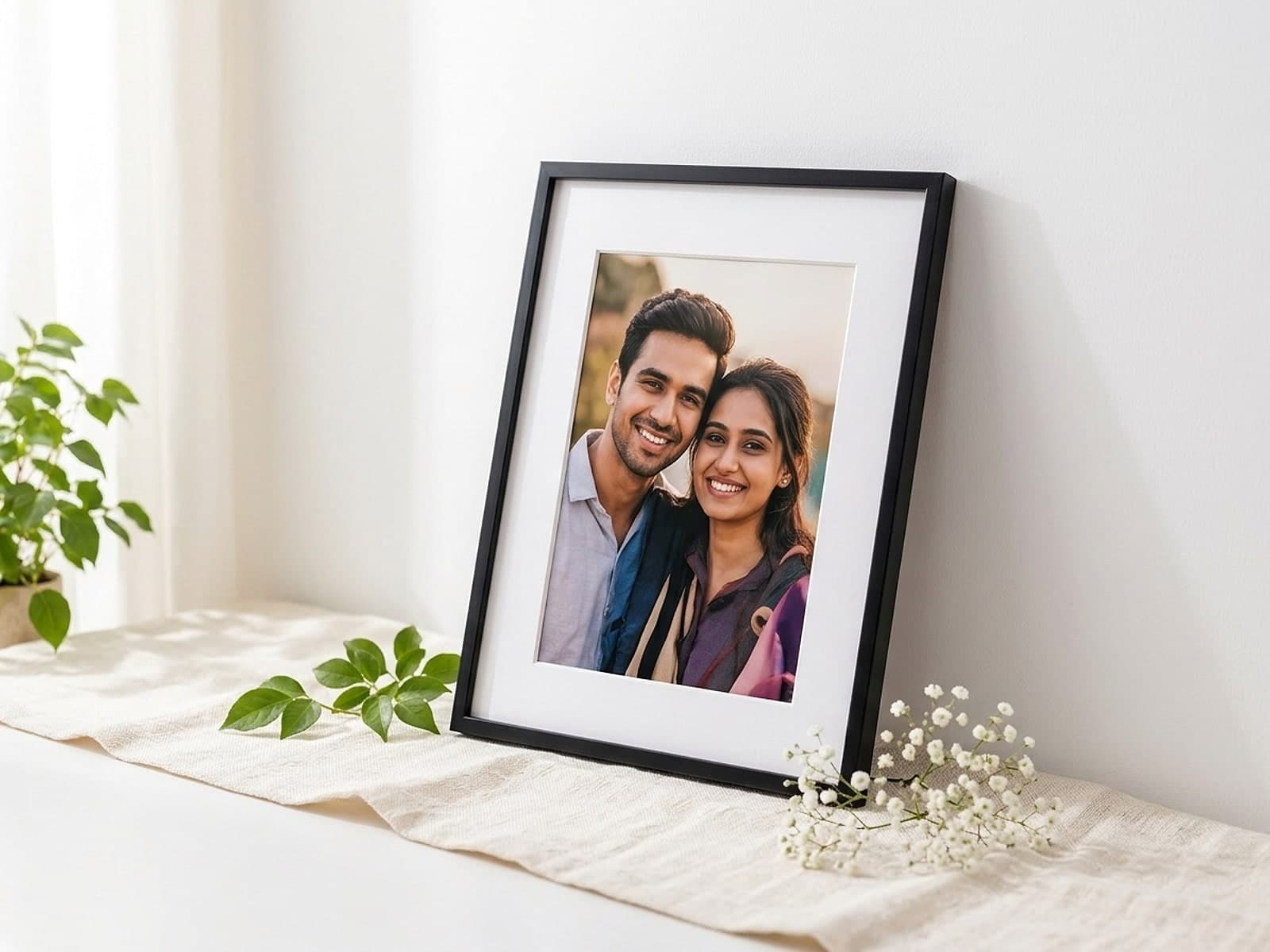 Slim black picture frame with a white mat holding a portrait photo of a young couple